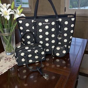 Michael Kors Navy and Cream Polka Dot Tote Jet Set Bundle